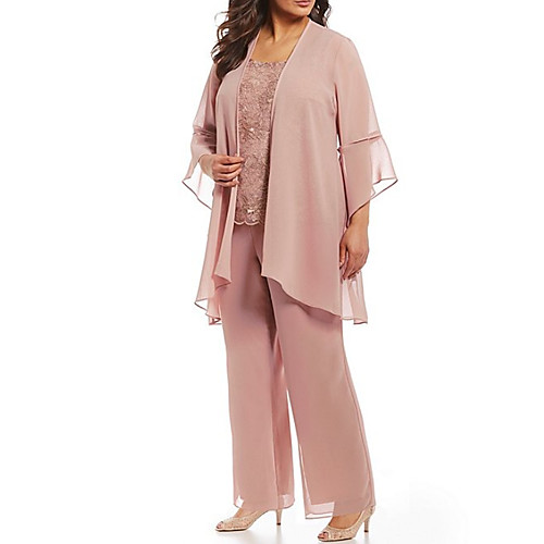 

Two Piece / Pantsuit / Jumpsuit Jewel Neck Floor Length Chiffon / Lace 3/4 Length Sleeve Elegant / Plus Size Mother of the Bride Dress with Appliques Mother's Day 2020