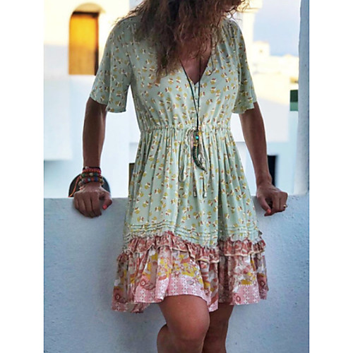 

Women's A-Line Dress Knee Length Dress - Short Sleeves Floral Summer Elegant 2020 Green S M L XL XXL XXXL