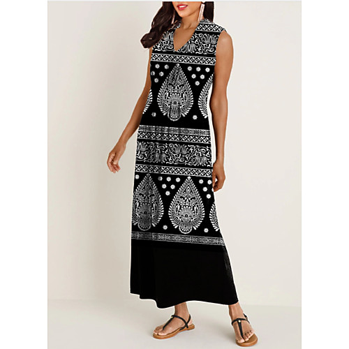 

Women's Maxi Shift Dress - Sleeveless Geometric Summer V Neck Boho 2020 Black M L XL XXL XXXL
