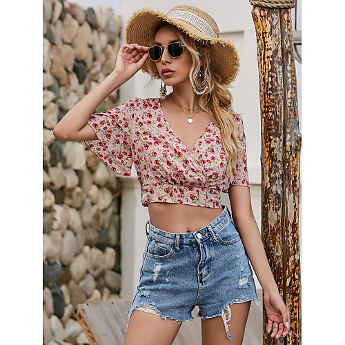 

Women's Floral Blouse Basic Beach Holiday Going out Blushing Pink