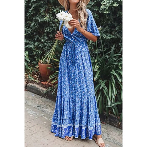 

Women's 2020 Green Royal Blue Summer Dress Mumu Sundress Floral S M