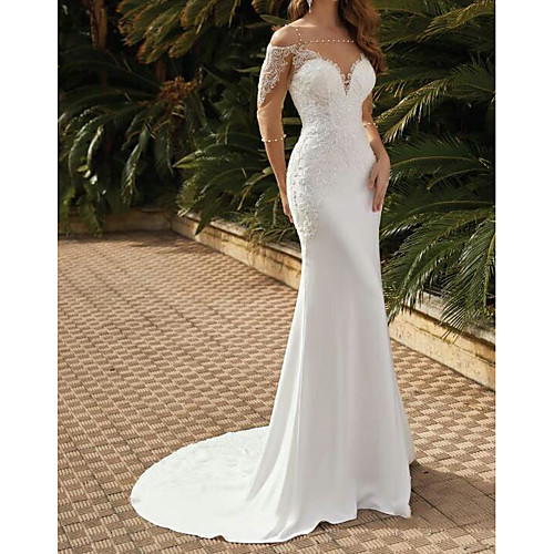 

Mermaid / Trumpet Square Neck Sweep / Brush Train Lace / Satin / Tulle Half Sleeve Sexy See-Through Wedding Dresses with Pearls / Embroidery 2020