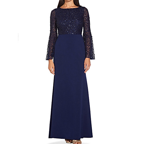 

Sheath / Column Jewel Neck Floor Length Chiffon / Lace Long Sleeve Elegant Mother of the Bride Dress with Pleats / Sequin / Appliques Mother's Day 2020
