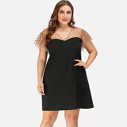 

Women's Plus Size A Line Dress - Short Sleeves Polka Dot Solid Color Mesh Summer V Neck Casual Street chic Party Going out Belt Not Included 2020 Black L XL XXL XXXL XXXXL