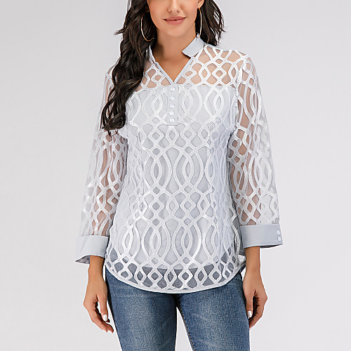 

Women's Causal Blouse - Solid Colored / Geometry Lace V Neck Gray / Spring / Fall