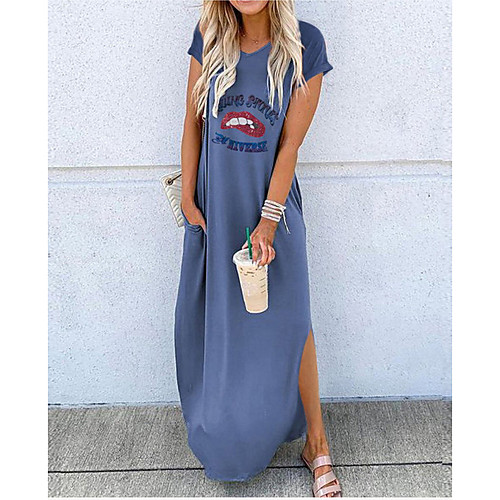 

Women's Shift Dress - Short Sleeves Letter Spring Summer Casual 2020 White Black Blue Khaki Green S M L