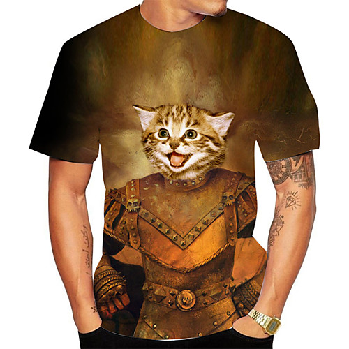 

Men's Daily Going out Basic T-shirt - 3D / Animal / Cartoon Cat Brown