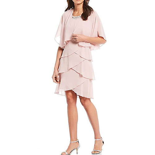 

A-Line Jewel Neck Knee Length Chiffon Half Sleeve Elegant Mother of the Bride Dress with Cascading Ruffles Mother's Day 2020