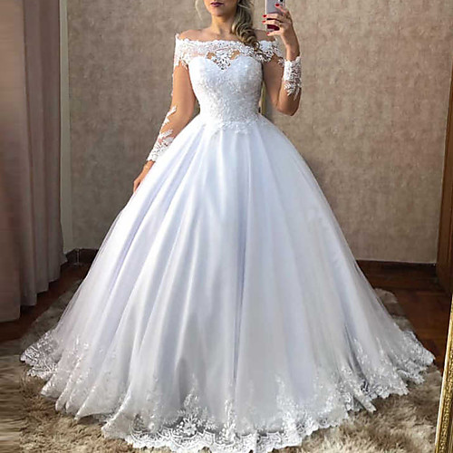 

Ball Gown Off Shoulder Sweep / Brush Train Polyester Long Sleeve Country Plus Size Wedding Dresses with Appliques 2020