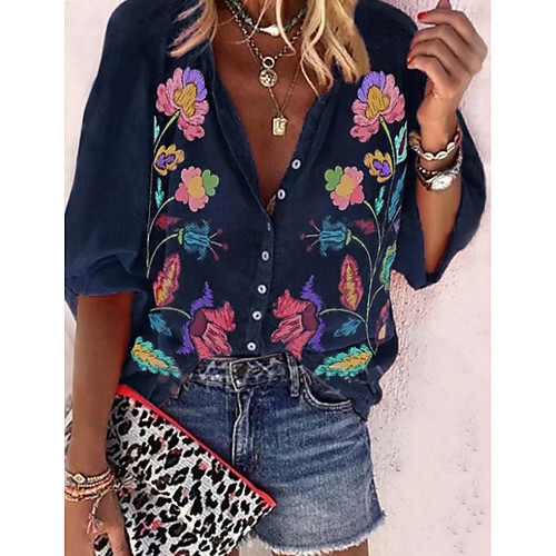 

Women's Daily Boho / Vintage Shirt - Floral Vintage Style Shirt Collar Blue