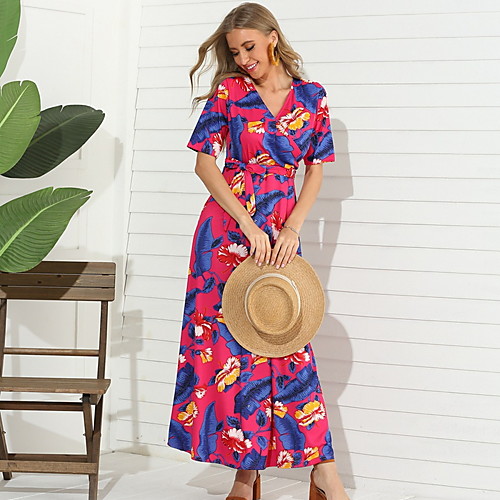 

Women's Maxi Sheath Dress - Short Sleeves Floral Summer V Neck Elegant 2020 Blue Fuchsia Royal Blue S M L