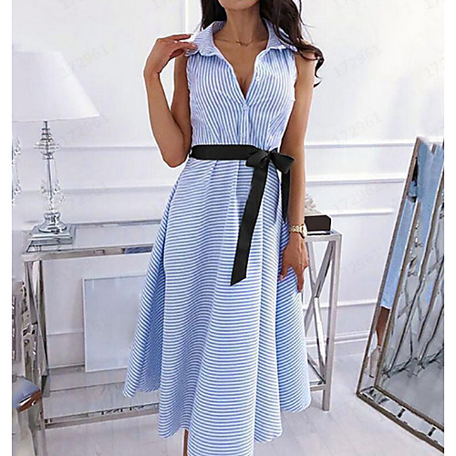 

Women's Blue Shirt Dress - Sleeveless Striped Summer Street chic 2020 Blue S M L