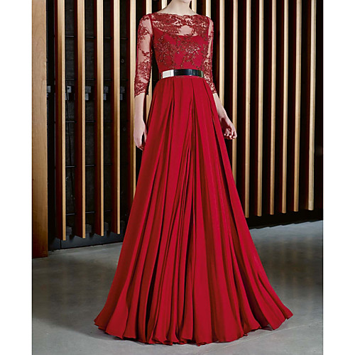 

A-Line Illusion Neck / Jewel Neck Floor Length Chiffon / Lace 3/4 Length Sleeve Elegant Mother of the Bride Dress with Sash / Ribbon / Pleats Mother's Day 2020
