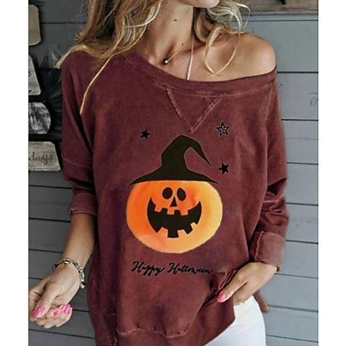 

Women's Daily T-shirt - Cartoon Print One Shoulder Wine