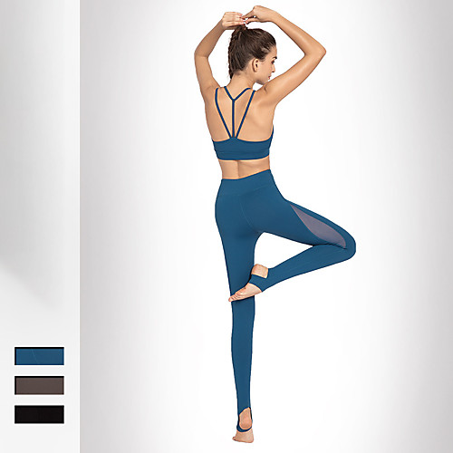 

Women's 2pcs Tracksuit Yoga Suit Solid Color Black Grey Blue Mesh Yoga Running Fitness Tights Leggings Bra Top Sleeveless Sport Activewear Breathable Moisture Wicking Butt Lift Tummy Control Stretchy