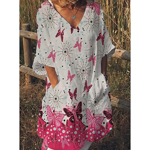 

Women's Shift Dress - Half Sleeve Animal Summer V Neck Elegant Loose 2020 White Black M L XL XXL XXXL