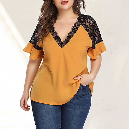 

Women's Daily Going out Elegant / Sexy Blouse - Solid Colored Lace Yellow