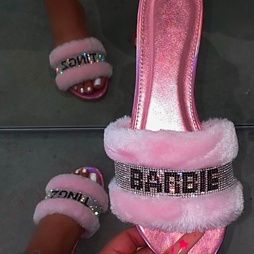 

Women's Slippers & Flip-Flops Fuzzy Slippers Summer Flat Heel Open Toe Daily House Spa Letter Slogan Faux Fur Pink / Black