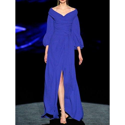 

Sheath / Column V Neck Floor Length Chiffon Elegant / Blue Engagement / Formal Evening Dress with Ruched / Split 2020