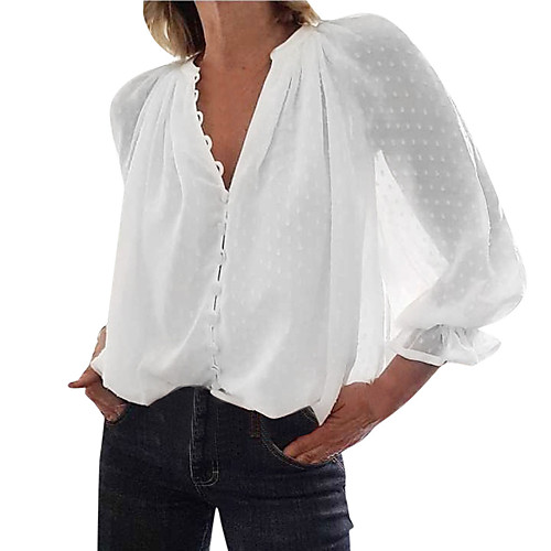 

Women's Daily Basic Plus Size Loose T-shirt - Polka Dot Mesh V Neck White