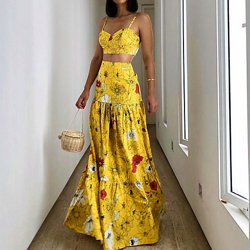 

Women's Shift Dress Midi Dress - Sleeveless Floral Summer Vintage 2020 Yellow L XL XXL