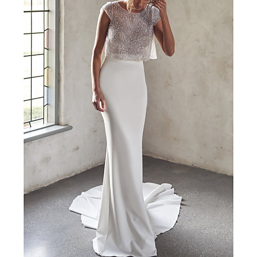 

Two Piece / Mermaid / Trumpet Jewel Neck Court Train Tulle / Sequined / Chiffon Over Satin Cap Sleeve Sexy See-Through Wedding Dresses with Draping 2020