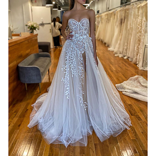 

A-Line Strapless Sweep / Brush Train Lace / Tulle Sleeveless Sexy See-Through Wedding Dresses with Embroidery / Split Front 2020