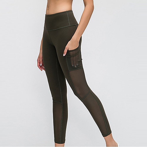 

Women's High Waist Yoga Pants Winter Pocket Patchwork Black Green Blue Gray Mesh Elastane Running Fitness Gym Workout Tights Leggings Sport Activewear Breathable Moisture Wicking Butt Lift Tummy