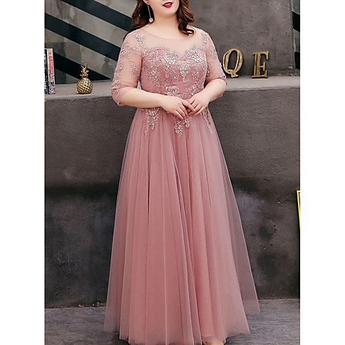 

A-Line Jewel Neck Floor Length Tulle Cut Out / Plus Size Prom / Formal Evening Dress with Embroidery 2020