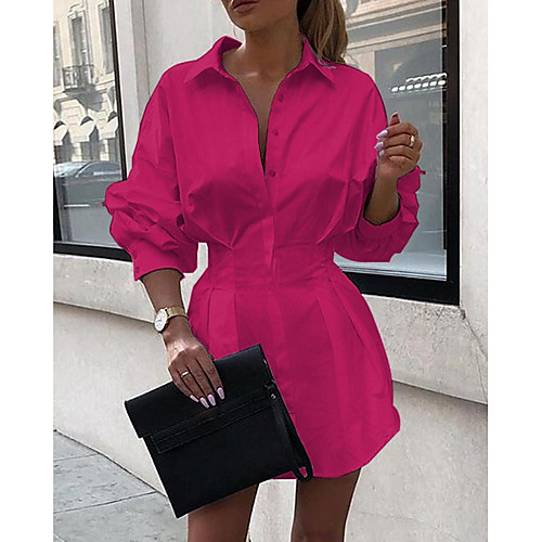 

Women's Shift Dress Dress - Long Sleeve Solid Color Summer Street chic 2020 White Black Fuchsia S M L XL