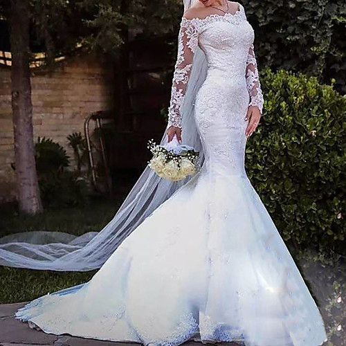 

Mermaid / Trumpet Wedding Dresses Off Shoulder Sweep / Brush Train Lace Tulle Long Sleeve Country Plus Size with Lace Embroidery 2020