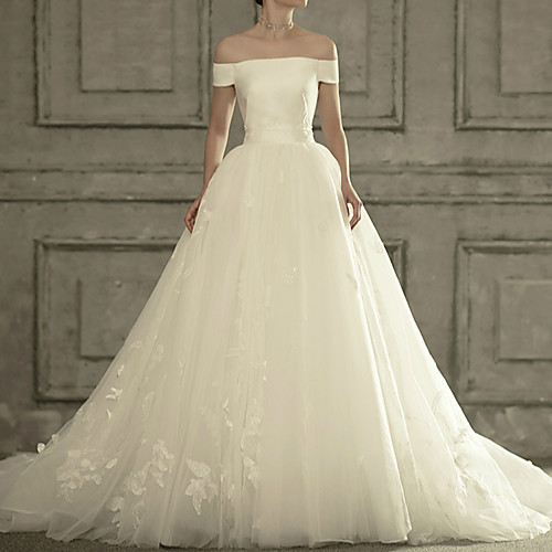 

Ball Gown Off Shoulder Court Train Satin / Tulle Short Sleeve Formal Elegant Wedding Dresses with Appliques 2020