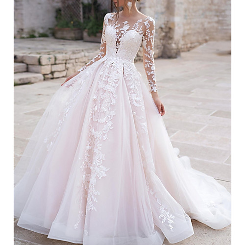 

Ball Gown / A-Line Jewel Neck Sweep / Brush Train Lace / Tulle Long Sleeve Formal / Sexy See-Through Wedding Dresses with Embroidery / Appliques 2020