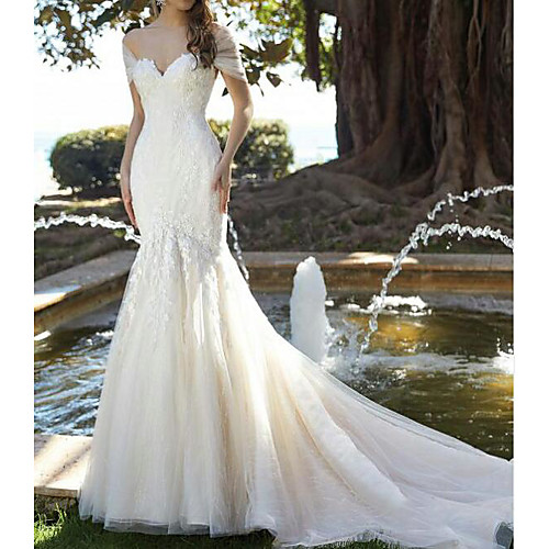 

Mermaid / Trumpet V Neck Court Train Lace / Tulle Short Sleeve Formal Wedding Dresses with Embroidery 2020