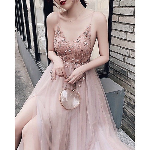 

A-Line V Neck Sweep / Brush Train Tulle Luxurious / Pink Wedding Guest / Prom Dress with Beading / Split 2020