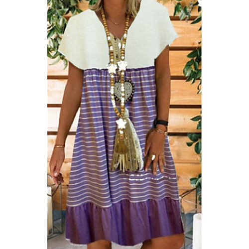 

Women's Shift Dress - Short Sleeves Striped Summer Elegant 2020 Wine Purple S M L XL XXL XXXL XXXXL XXXXXL