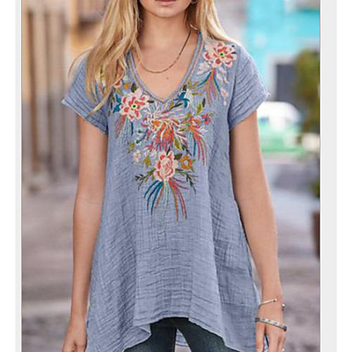 

Women's Floral Blouse V Neck Daily Summer Red Light Blue M L XL 2XL 3XL