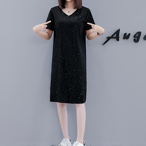 

Women's A Line Dress - Short Sleeves Solid Color Sequins Spring Summer V Neck Elegant Street chic Daily Weekend Loose 2020 Black M L XL XXL XXXL XXXXL