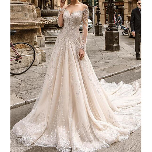 

A-Line Jewel Neck Sweep / Brush Train Lace / Tulle Long Sleeve Formal / Sexy See-Through Wedding Dresses with Embroidery 2020