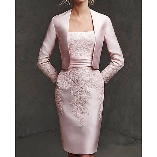 

Two Piece / Sheath / Column Square Neck Knee Length Lace / Satin Long Sleeve Elegant Mother of the Bride Dress with Embroidery Mother's Day 2020