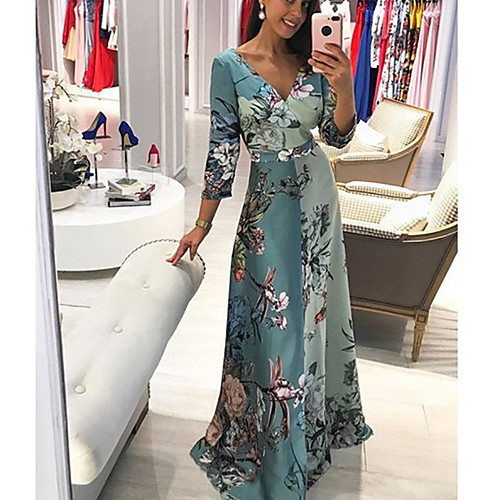 

Women's Maxi A Line Dress - 3/4 Length Sleeve Floral Summer V Neck Street chic 2020 Blue S M L XL