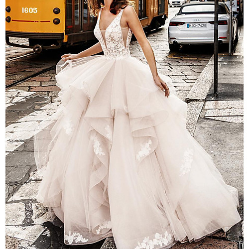 

Ball Gown V Neck Floor Length Lace / Tulle Sleeveless Formal / Sexy See-Through Wedding Dresses with Embroidery / Cascading Ruffles 2020
