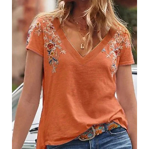 

Women's Geometric Print T-shirt - Cotton Daily V Neck Wine / Blue / Yellow / Orange / Green