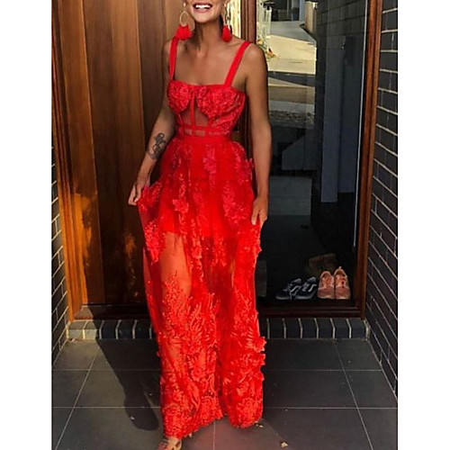 

Sheath / Column Spaghetti Strap Sweep / Brush Train Tulle Cut Out / Floral Engagement / Formal Evening Dress with Lace Insert / Embroidery 2020