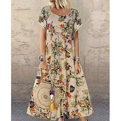 

Women's A-Line Dress Midi Dress - Short Sleeves Floral Summer Casual 2020 Yellow Beige M L XL XXL XXXL XXXXL XXXXXL