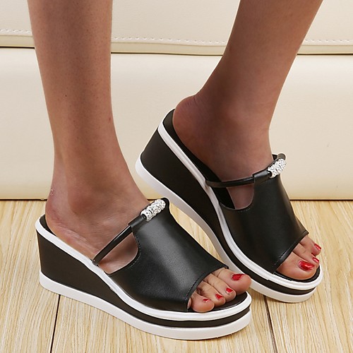 

Women's Slippers & Flip-Flops Summer Wedge Heel Open Toe Daily PU White / Black