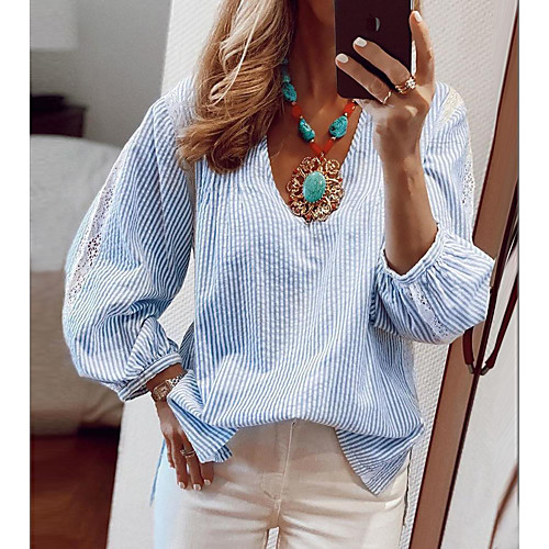 

Women's Daily Blouse - Striped Print V Neck / Shirt Collar Purple