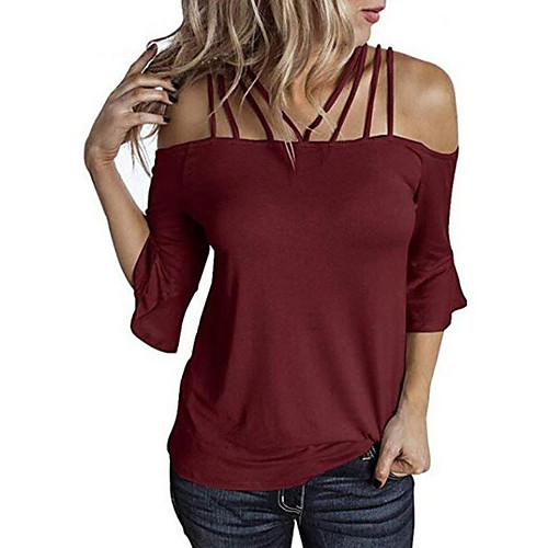 

Women's Daily Cotton Loose Blouse - Solid Colored Cut Out / Lace up Off Shoulder Wine