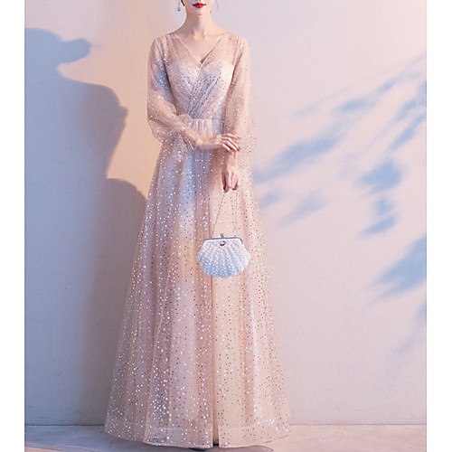 

A-Line V Neck Floor Length Tulle Elegant / Glittering Wedding Guest / Formal Evening Dress with Sequin 2020