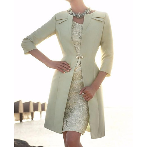 

Two Piece Jewel Neck Knee Length Lace / Satin 3/4 Length Sleeve Elegant Mother of the Bride Dress with Beading / Appliques Mother's Day 2020